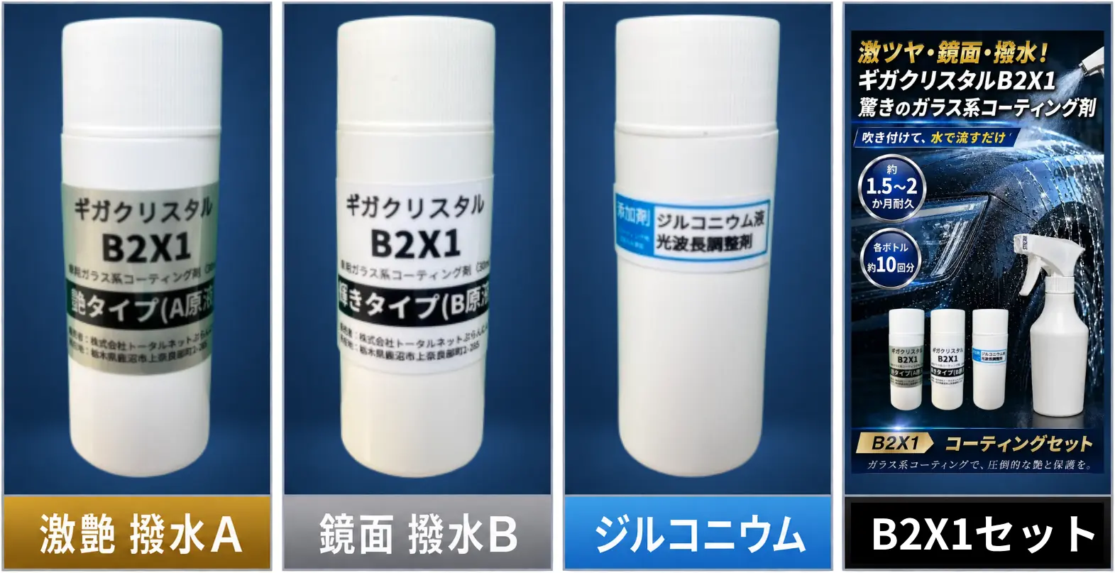 B2X1セット内容：激艶 撥水A液・鏡面 撥水B液・ジルコニウム水・B2X1コーティングセット